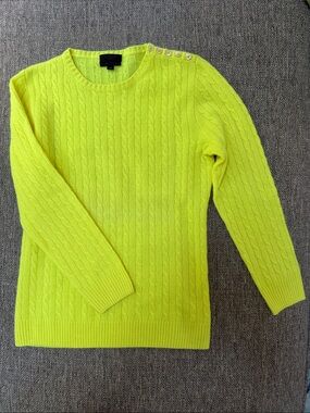 J. Crew Cashmere, Neon Yellow Cable-Knit Crew Sweater with Shoulder Buttons, XS